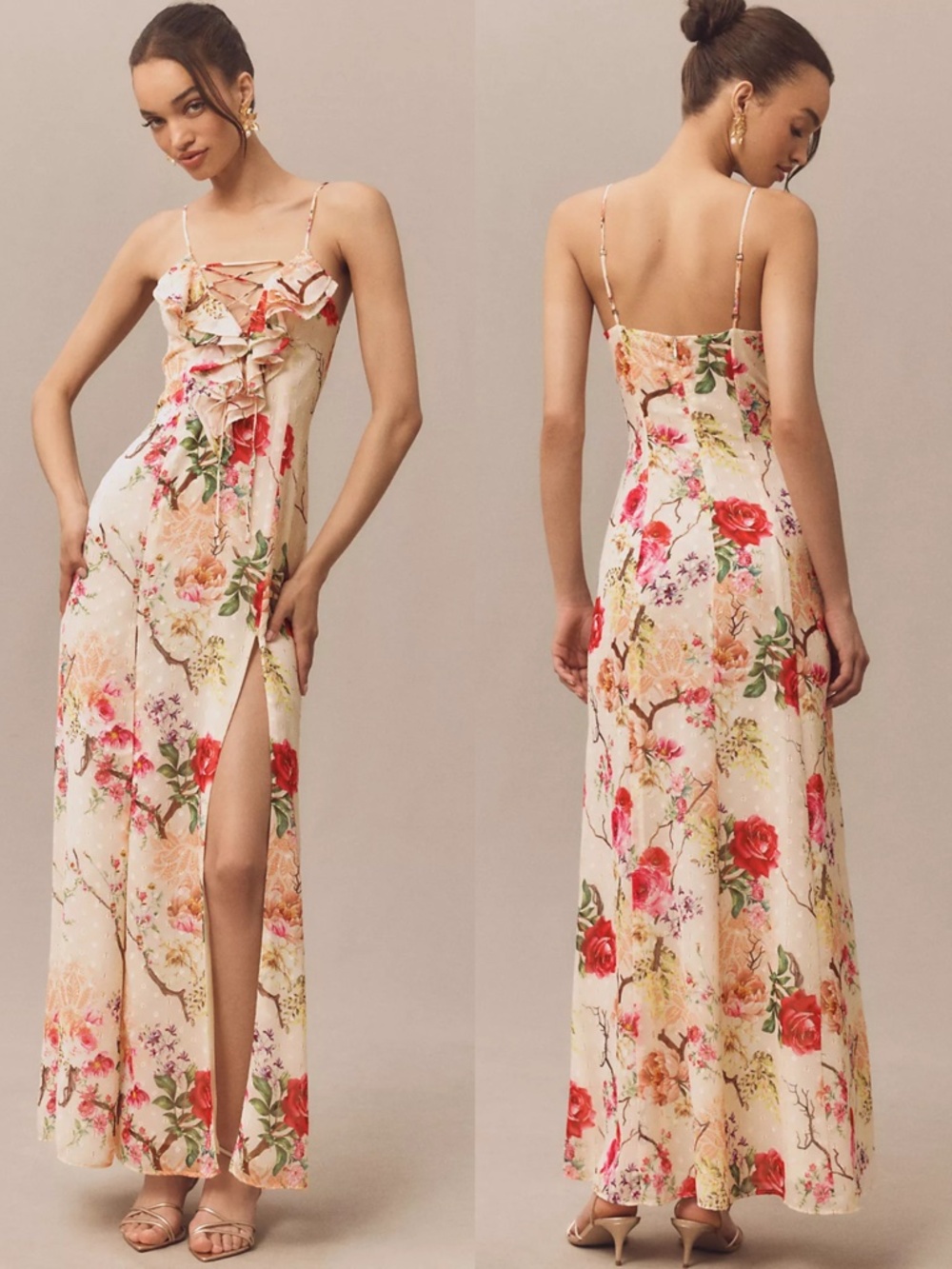 NEW AFRM Lovette FLORAL CHIFFON Sleeveless LACE-UP FRONT Ruffle MAXI DRESS S